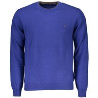 Blauer einfarbiger Baumwollpullover mit Rundhalsausschnitt