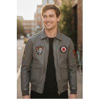 Graue Herren Leder Bomberjacke mit Patches