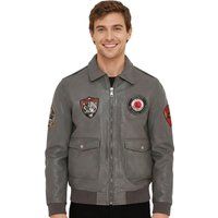 Graue Leder-Bomberjacke mit Aufnähern
