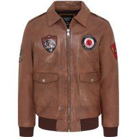 Hellbraune Leder-Bomberjacke mit Aufnähern