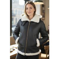 Kapuzen-Shearling-Leder-Bomberjacke