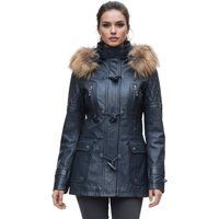Marineblauer Lederparka mit Fellkapuze