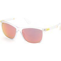 Moderne Sonnenbrille mit klarem Rahmen und rosa Gläsern