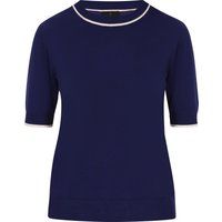Marineblaues Kurzarm-Strickoberteil mit Borte