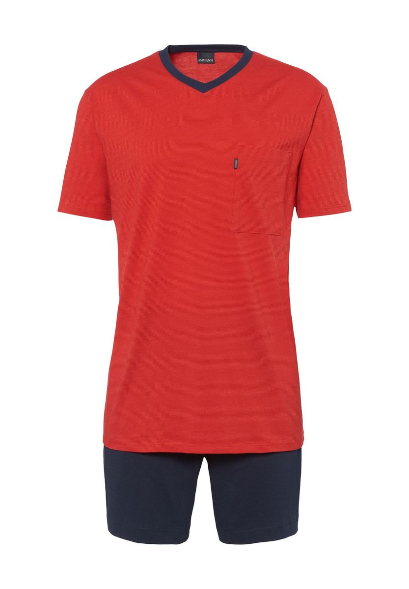 Herren Schlafanzug Shorty mit V-Ausschnitt, Rot