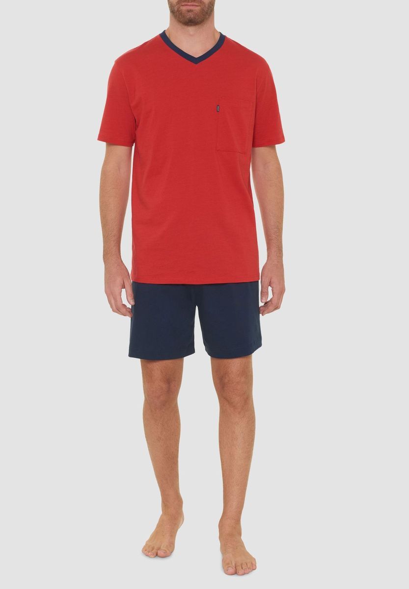Herren Schlafanzug Shorty mit V-Ausschnitt, Rot
