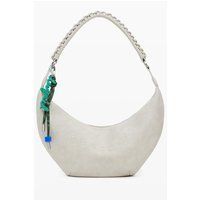 Beige Halbmond Schultertasche mit Anhänger