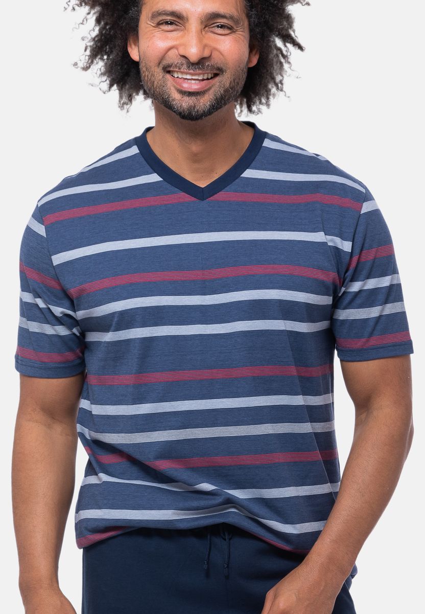 Gestreiftes Baumwoll-Schlafshirt mit V-Ausschnitt