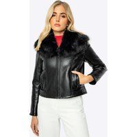 Schwarze Jacke aus Kunstleder mit Fellkragen