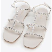 Kristallbesetzte flache Ledersandalen