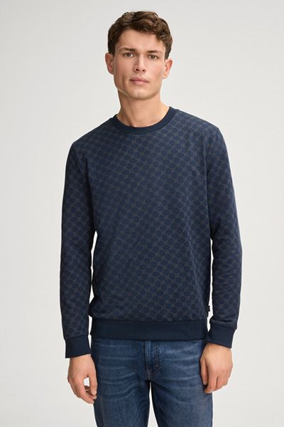 Cornflower Theo Dunkelblaues Baumwoll-Sweatshirt mit Logo-Print Rundhalsausschnitt