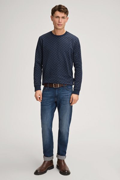 Cornflower Theo Dunkelblaues Baumwoll-Sweatshirt mit Logo-Print Rundhalsausschnitt