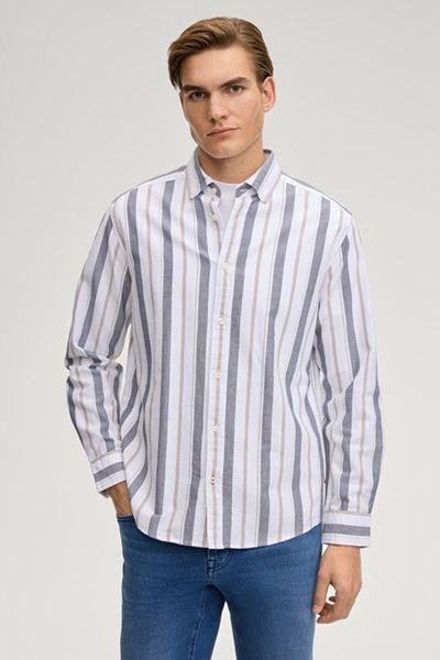 Gestreiftes Baumwollhemd Heli in Weiß/Grau/Beige, Button-Down-Kragen