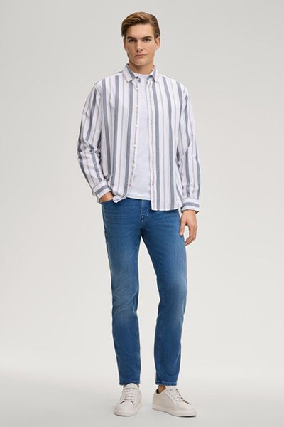 Gestreiftes Baumwollhemd Heli in Weiß/Grau/Beige, Button-Down-Kragen