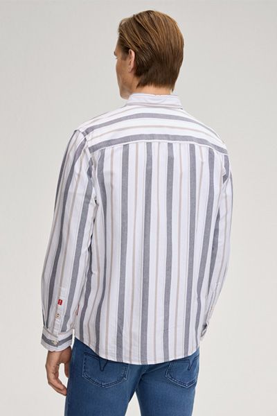 Gestreiftes Baumwollhemd Heli in Weiß/Grau/Beige, Button-Down-Kragen