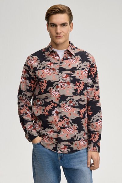 Tommy Hilfiger Hansen Marineblau/Rot gemustertes Langarmhemd mit Knöpfen