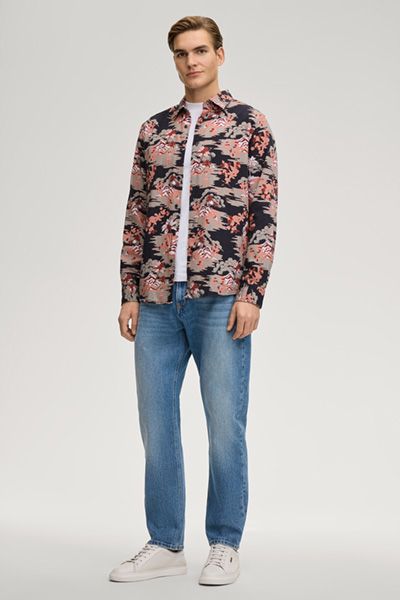 Tommy Hilfiger Hansen Marineblau/Rot gemustertes Langarmhemd mit Knöpfen