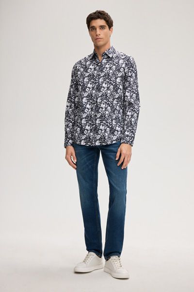 Hansen Hemd mit Blumenmuster Langarm Dunkelblau