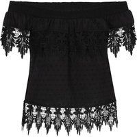 Schwarze schulterfreie Bluse mit Spitzensaum