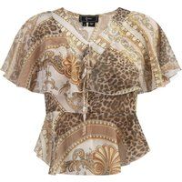 Bedruckte Peplum-Bluse mit Rüschen und Bindeband