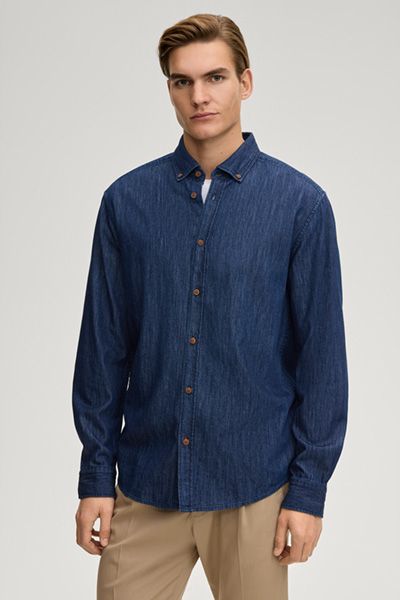 Heli Jeanshemd Navy Blau Baumwolle Button-Down Langarmhemd