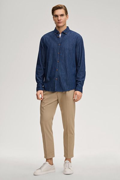 Heli Jeanshemd Navy Blau Baumwolle Button-Down Langarmhemd