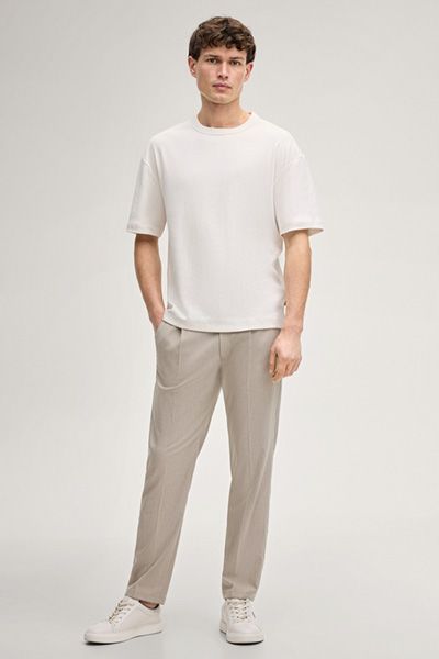 Beige Tech-Viskose Chino Hose Relaxed Fit mit elastischem Bund