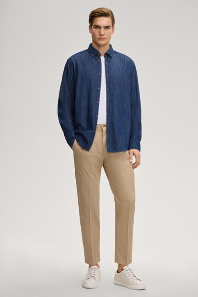 Chino Lead Beige Bundfaltenhose aus Baumwollmischung mit teilweise elastischem Bund