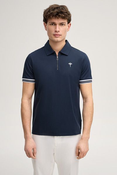 Joop! Warley Marineblaues Zip-Poloshirt mit gestreiften Bündchen