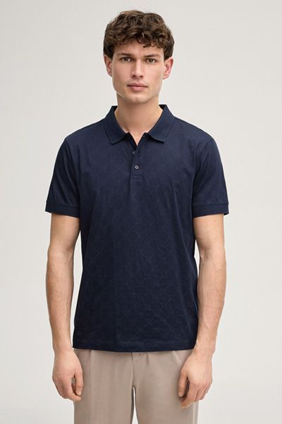 Cornflower Jesse Marineblaues Poloshirt mit gemusterter Baumwollstruktur