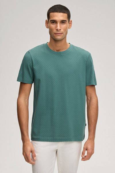 JOOP! Herren Grün Jacquard Strukturiertes Baumwoll T-Shirt Rundhalsausschnitt