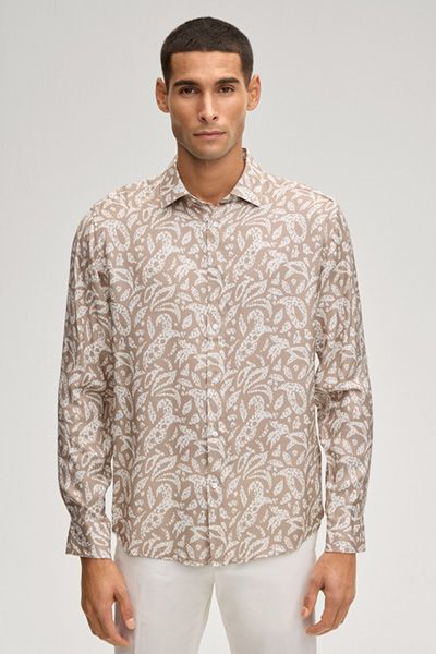 Matty Beige Gemustertes Hemd aus Viskose mit Kentkragen