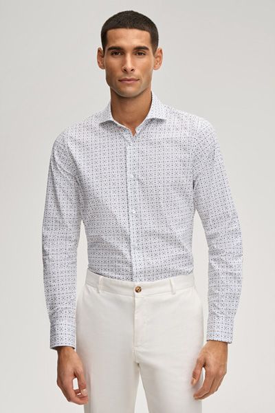 Windsor Pares Weiß Gemustertes Baumwoll-Stretch Slim Fit Hemd