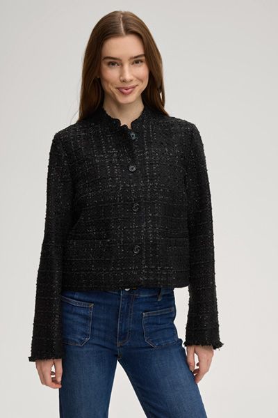 Joop! Schwarzer Tweed Blazer Jacke mit Stehkragen und Fransenbesatz