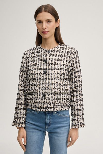 Marc Cain Tweed Blazer Jenifer in Creme/Schwarz kariert, Fransenbesatz