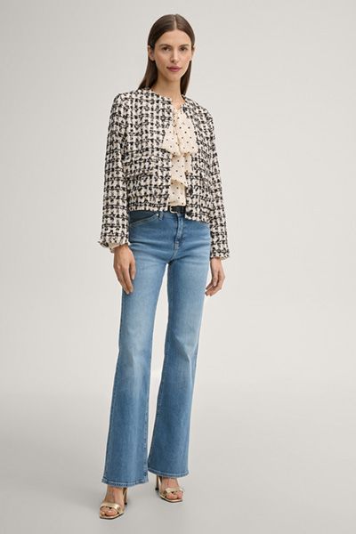 Marc Cain Tweed Blazer Jenifer in Creme/Schwarz kariert, Fransenbesatz