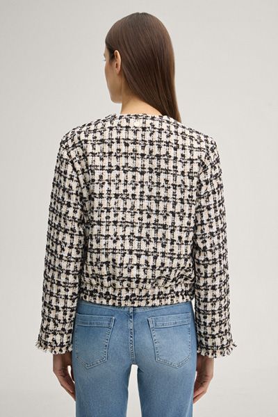 Marc Cain Tweed Blazer Jenifer in Creme/Schwarz kariert, Fransenbesatz