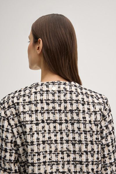 Marc Cain Tweed Blazer Jenifer in Creme/Schwarz kariert, Fransenbesatz