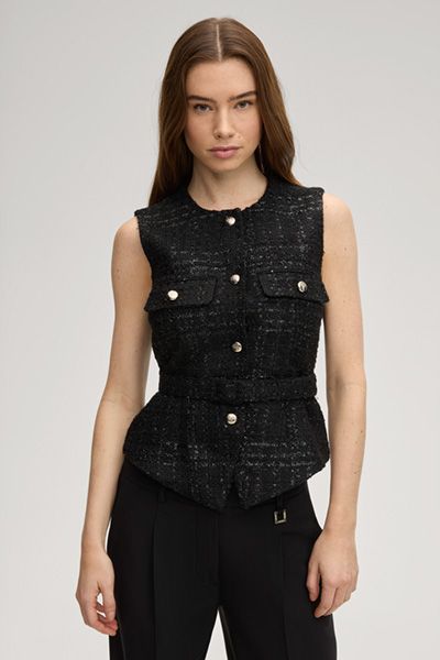 Abstrakte schwarze Tweed-Weste mit Taillengürtel und goldenen Knöpfen