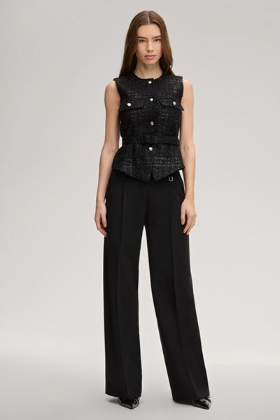 Abstrakte schwarze Tweed-Weste mit Taillengürtel und goldenen Knöpfen