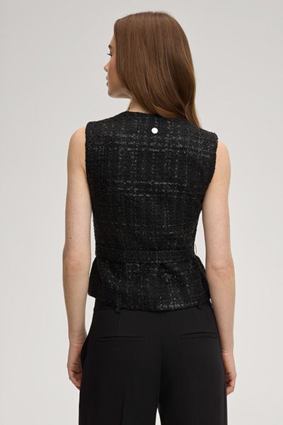 Abstrakte schwarze Tweed-Weste mit Taillengürtel und goldenen Knöpfen