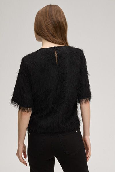 Marc Cain Schwarzes Fransen-T-Shirt mit Rundhalsausschnitt und kurzen Ärmeln