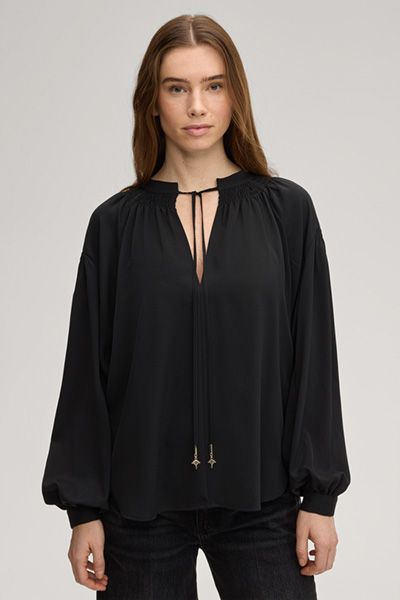 Schwarze Bluse Brigida mit Bindeband und Ballonärmeln