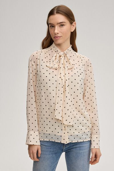 Chiffon Bluse Bo Creme Schwarz Gepunktet mit Schleifenkragen