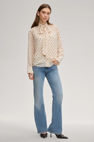 Chiffon Bluse Bo Creme Schwarz Gepunktet mit Schleifenkragen