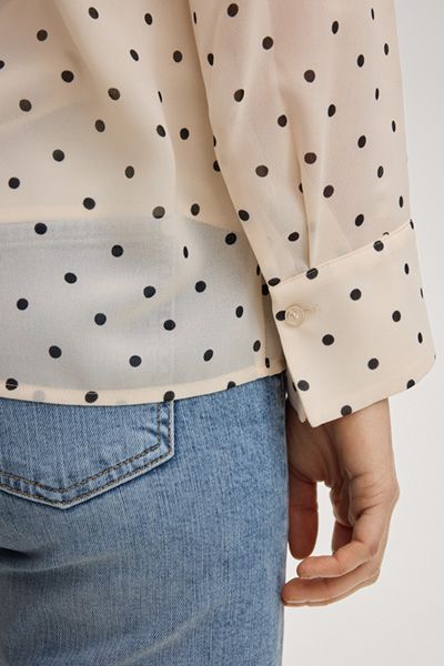 Chiffon Bluse Bo Creme Schwarz Gepunktet mit Schleifenkragen