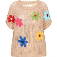 Gehäkeltes Strickoberteil mit Blumenapplikationen