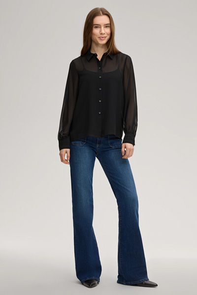 Bluse Brisa schwarze Chiffon durchsichtige Knopfleiste Langarmbluse Top