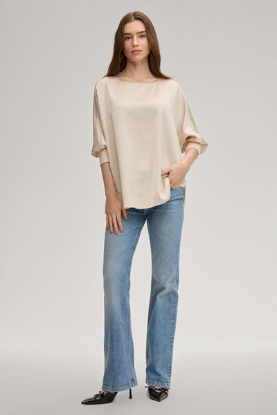 oui Satin-Bluse Bine in Creme mit Dreiviertelärmeln