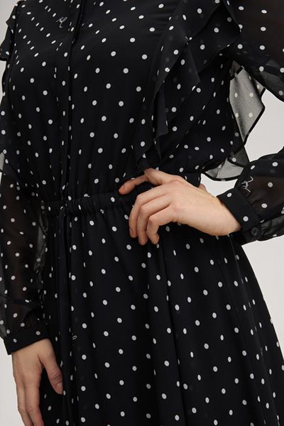 Dot Schwarzes Gepunktetes Midikleid mit Rüschen und Bindegürtel